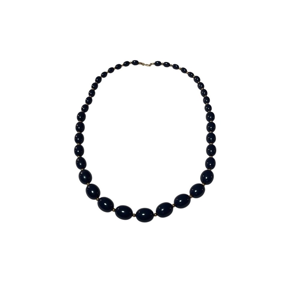 Monet Long Beaded Necklace Dark Blue Gold Tone About 14 Inches Classic Elegant
